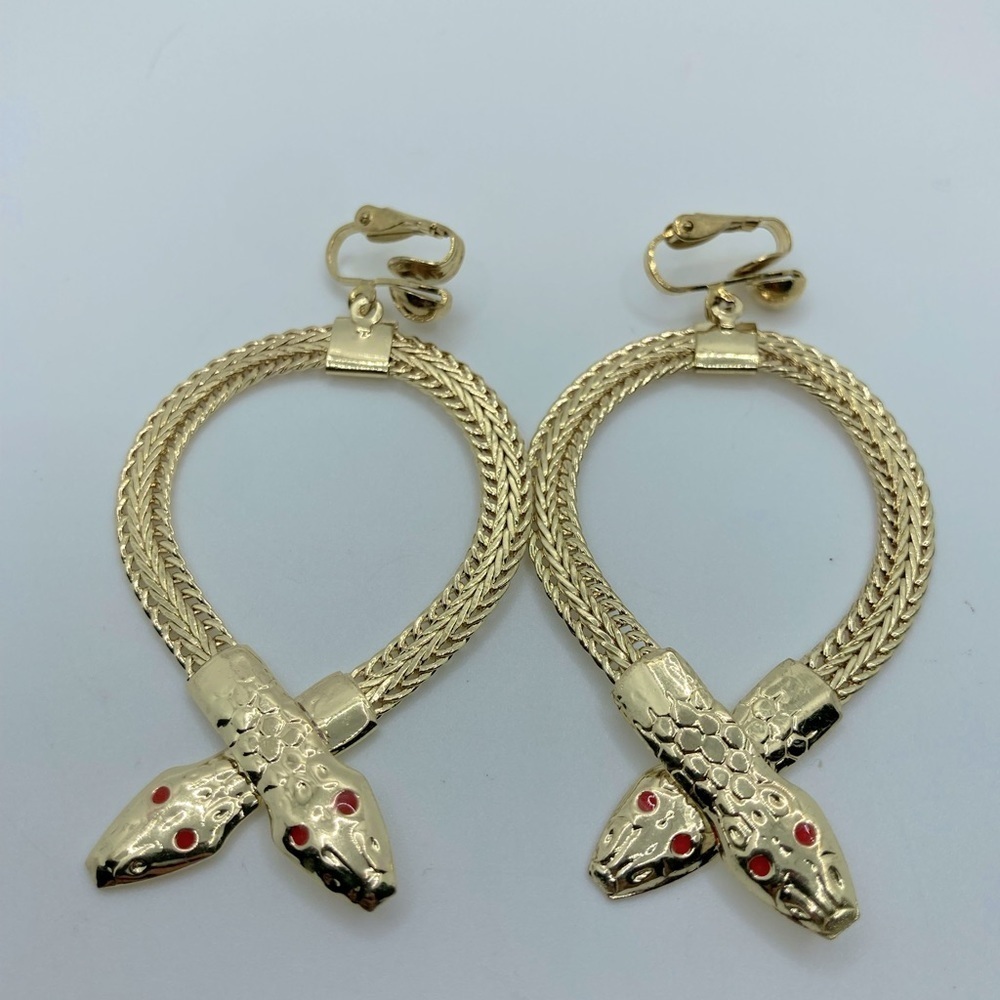 Vtg Gold Tone Serpent Snake Egyptian Cleopatra Style Clip on Earrings  3”